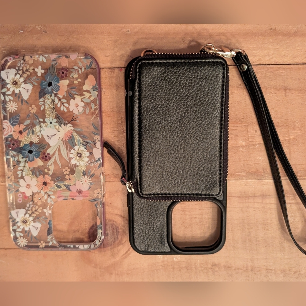 iPhone 14 Pro Black Leather Phone Case Wallet & Floral Design phone Case
